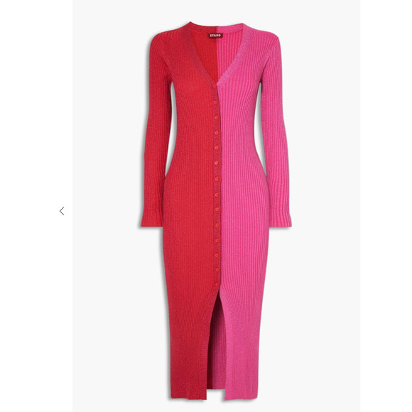 STAUD NWT Shoko Two-Tone Metallic Ribbed Knit Midi Dress‎ in Pink Size Small - Picture 1 of 7